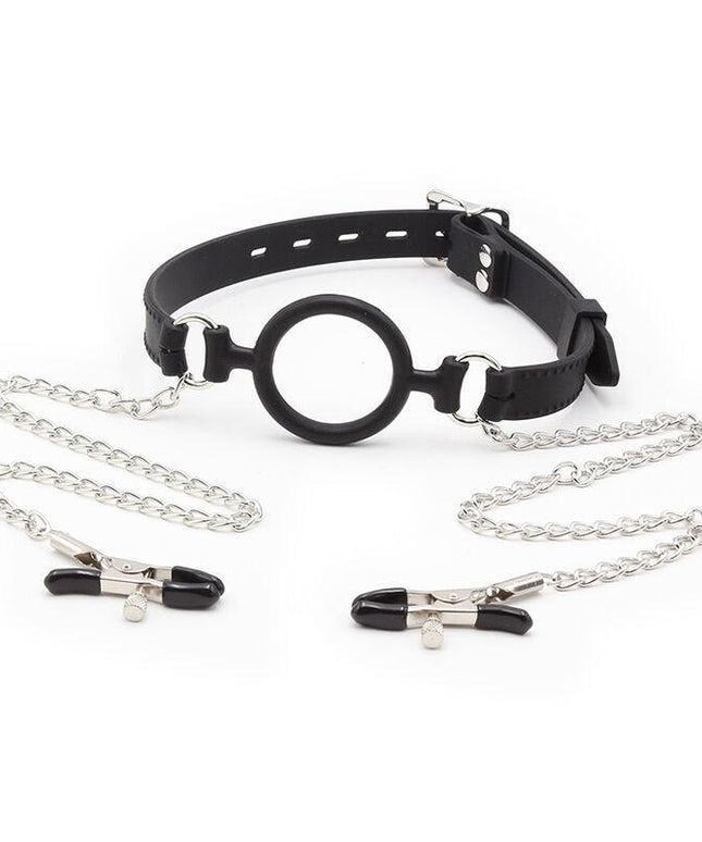 ohmama fetish bavaglio ad anello con catenelle e pinze per capezzoli