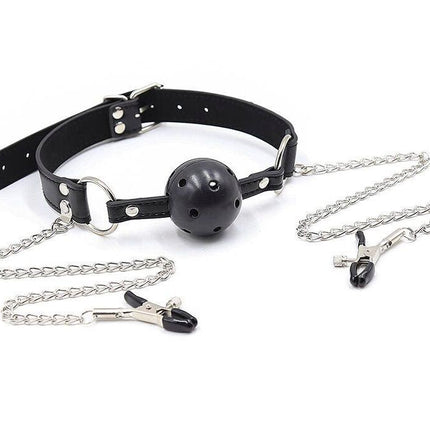 ohmama fetish ball gag con ventole e morsetti per capezzoli