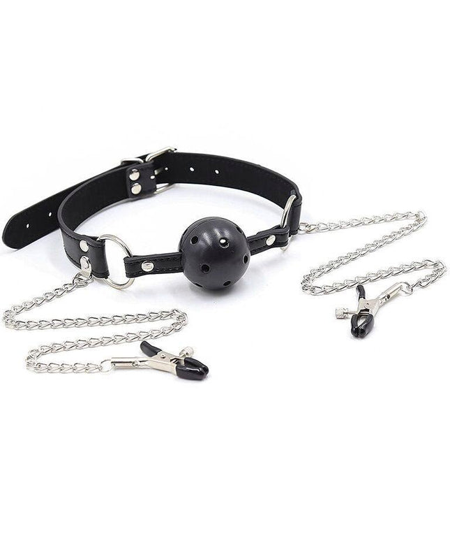 ohmama fetish ball gag con ventole e morsetti per capezzoli
