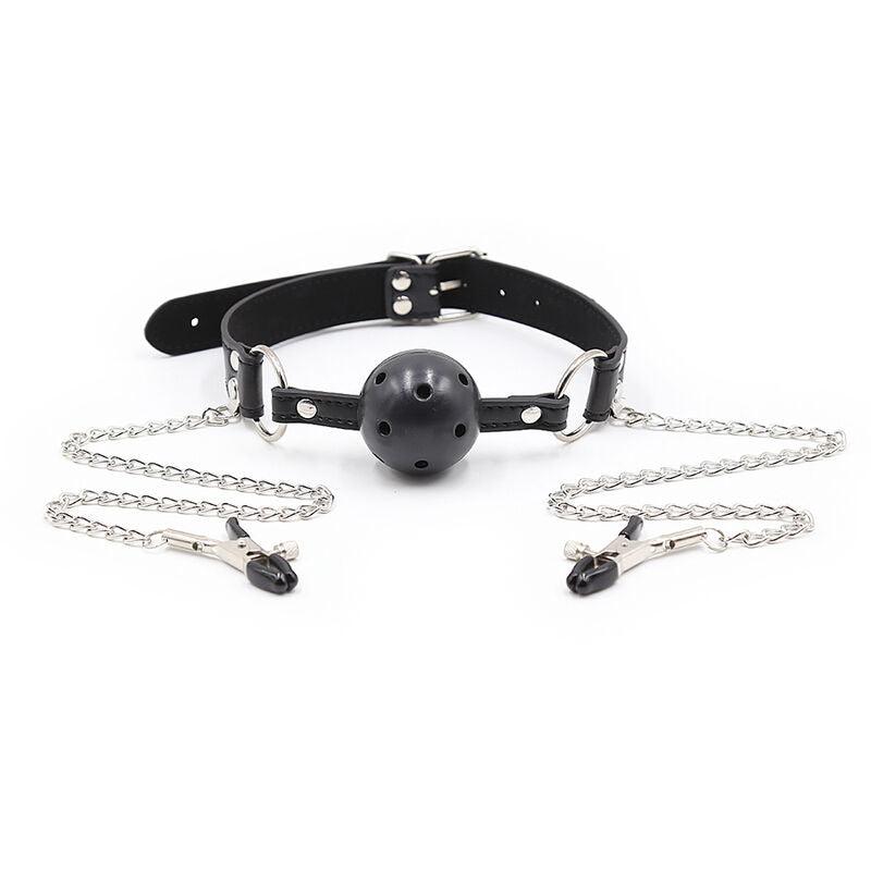 ohmama fetish ball gag con ventole e morsetti per capezzoli