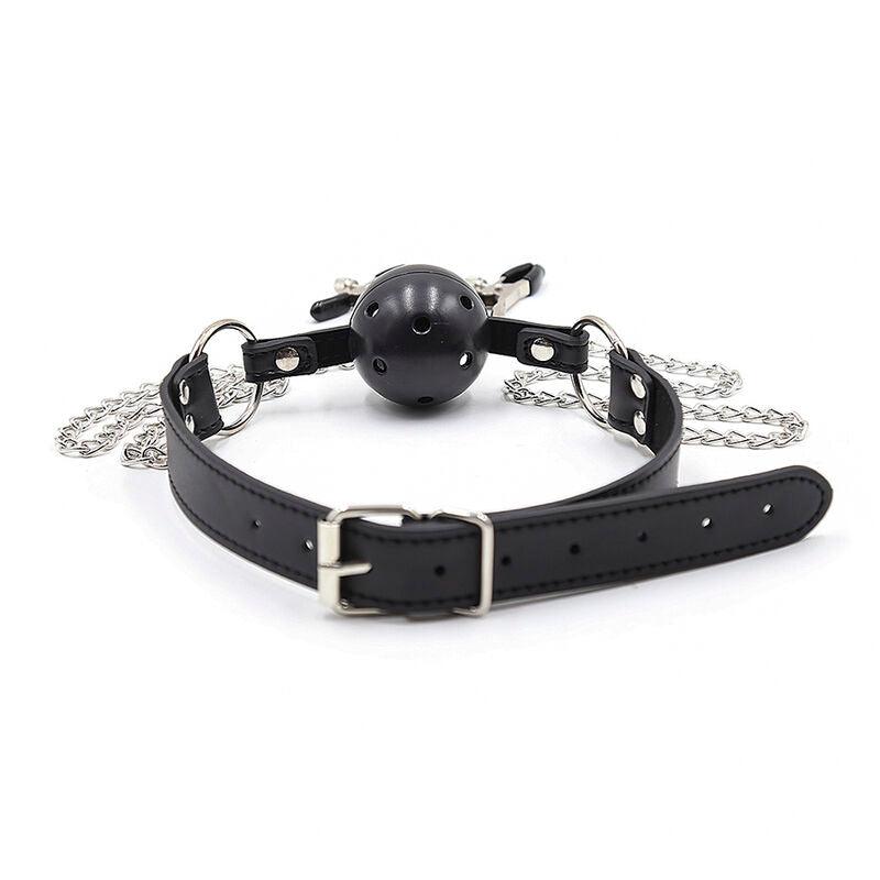 ohmama fetish ball gag con ventole e morsetti per capezzoli