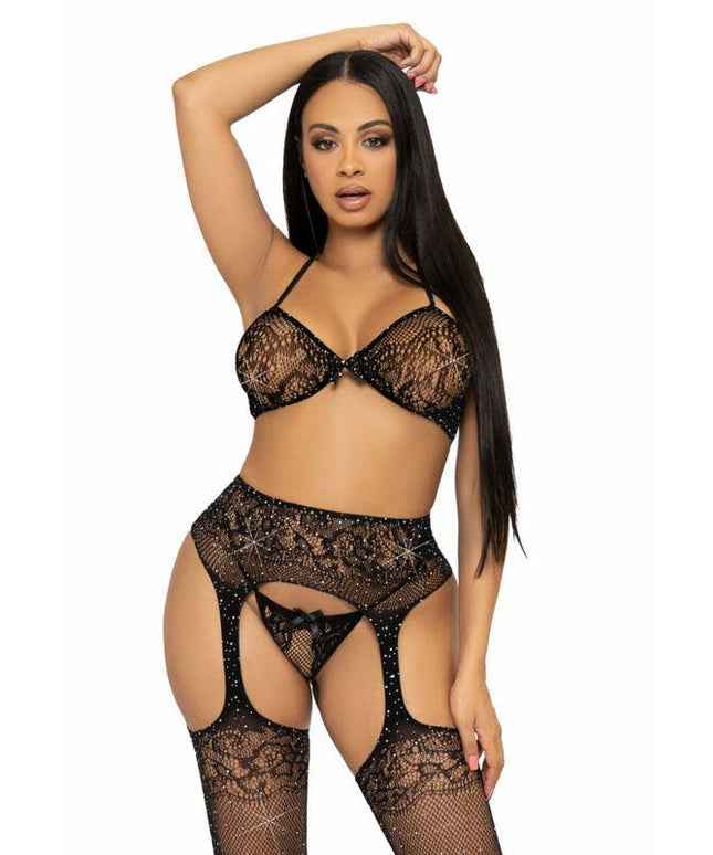 leg avenue set tre pezzi reggiseno pering e calza taglia unica nero