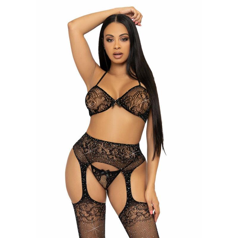 leg avenue set tre pezzi reggiseno pering e calza taglia unica nero