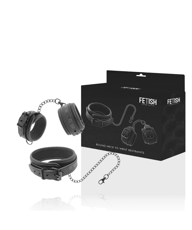 fetish submissive collana e manette in pelle vegana con fodera in noprene