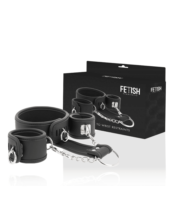 fetish submissive collana e manette in pelle vegana con fodera in noprene 1