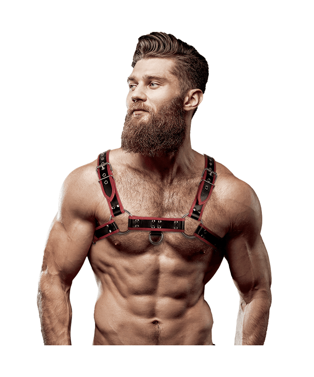 fetish submissive attitude pettorina in ecopelle da uomo nero rosso