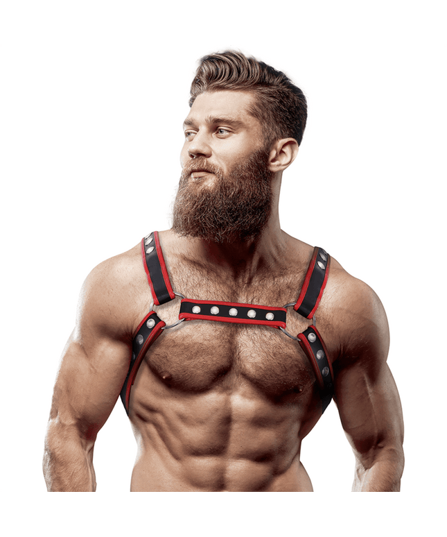 fetish submissive attitude pettorina bulldog da uomo in ecopelle nero rosso