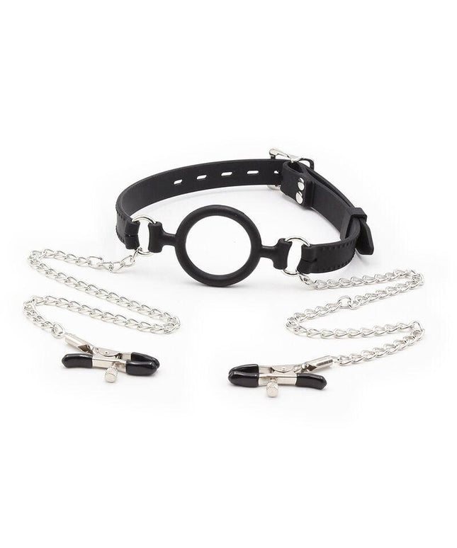 ohmama fetish bavaglio ad anello con catenelle e pinze per capezzoli