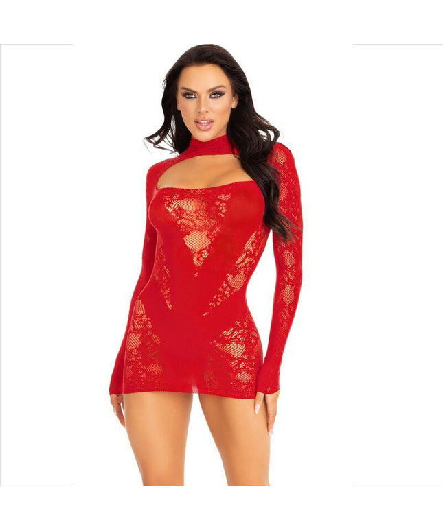 leg avenue mini abito con pizzo manica lunga rosso