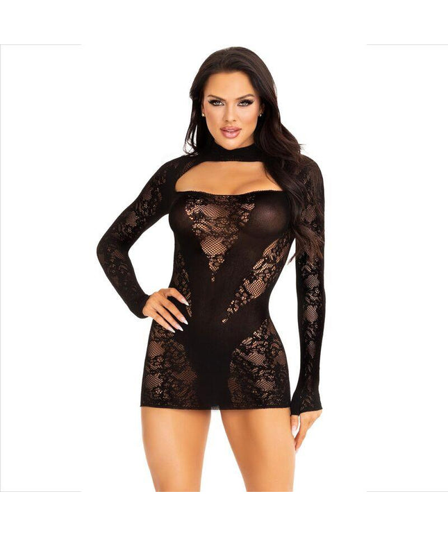 leg avenue mini abito con pizzo manica lunga nero