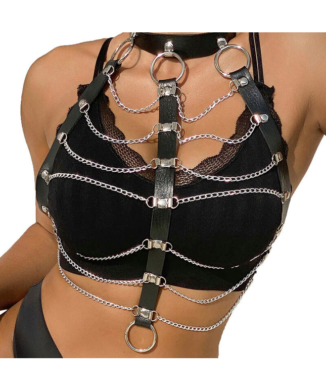 SUBBLIME - PETTORALE CATENE IN PELLE NERA TAGLIA UNICA