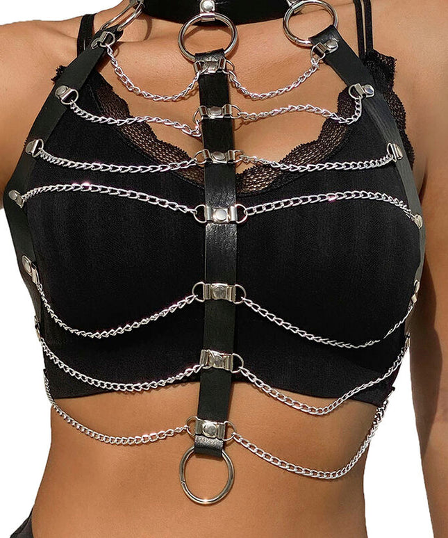 SUBBLIME - PETTORALE CATENE IN PELLE NERA TAGLIA UNICA