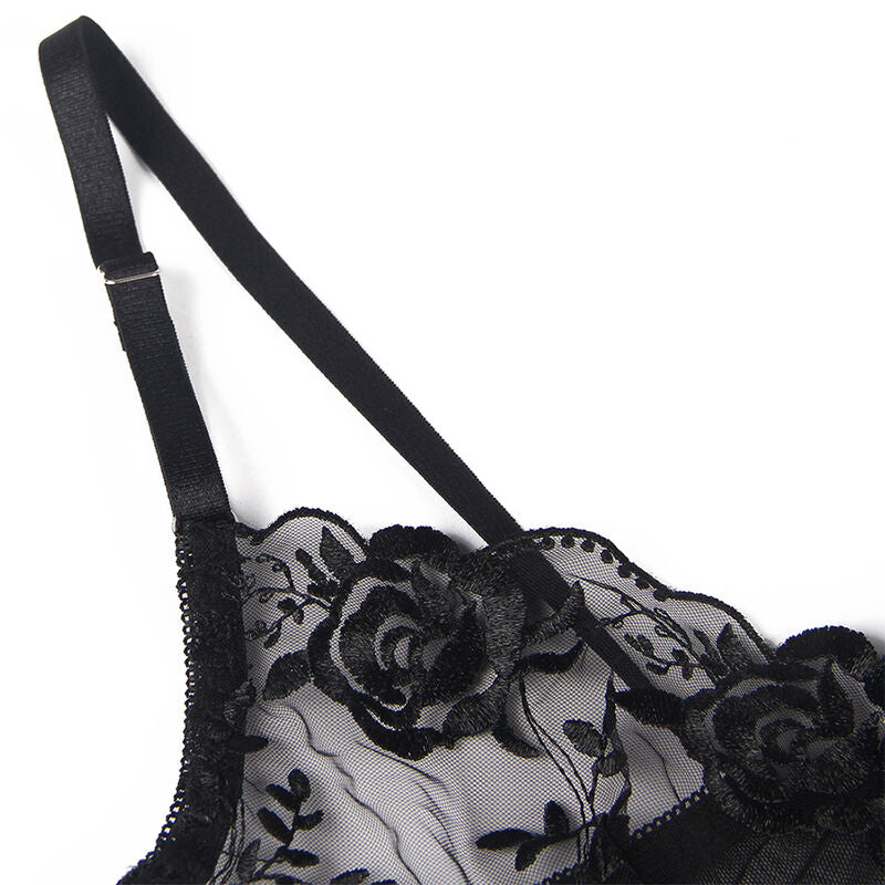 SUBBLIME - SET 3 PEZZI REGGISENO + PERIZOMA + GIARRETTIERA STAMPA FLOREALE NERO S/M