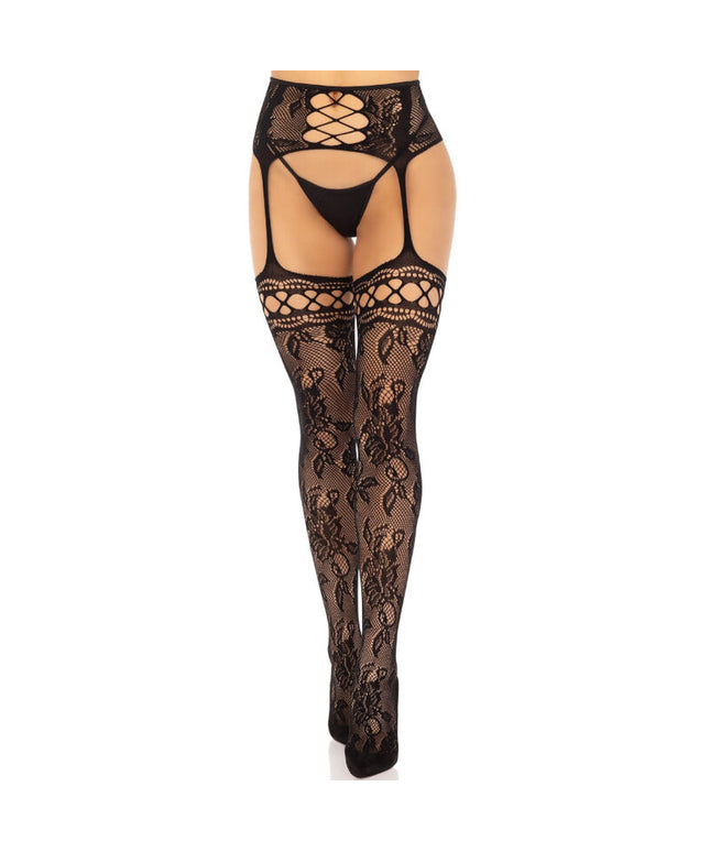 LEG AVENUE - CALZE REGGER IN PIZZO FLOREALE NERO