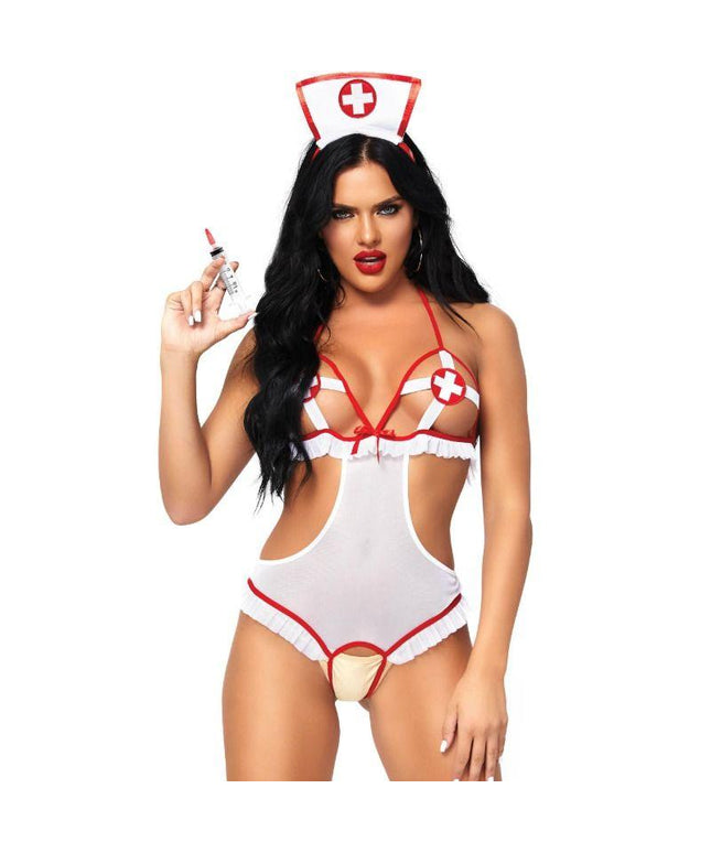 LEG AVENUE - NURSE OPEN CROTHLESS TEDDY TAGLIA UNICA - Only Vibes