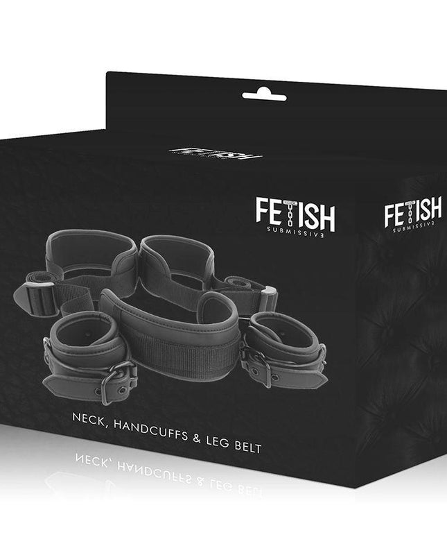 fetish submissive posizione a gambe aperte con manette fodera in noprene