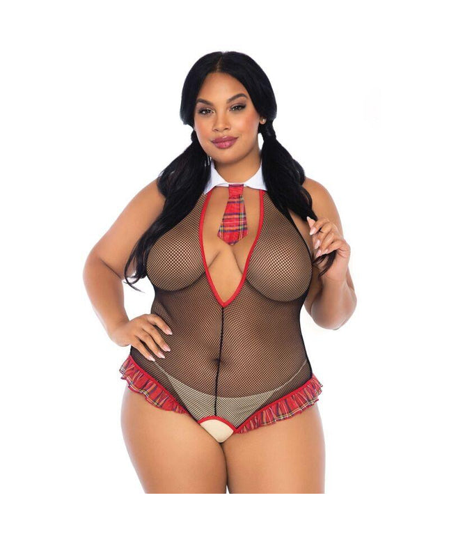 leg avenue schoolgirl crothless fitness teddy plus taglia