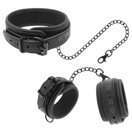 fetish submissive collana e manette in pelle vegana con fodera in noprene