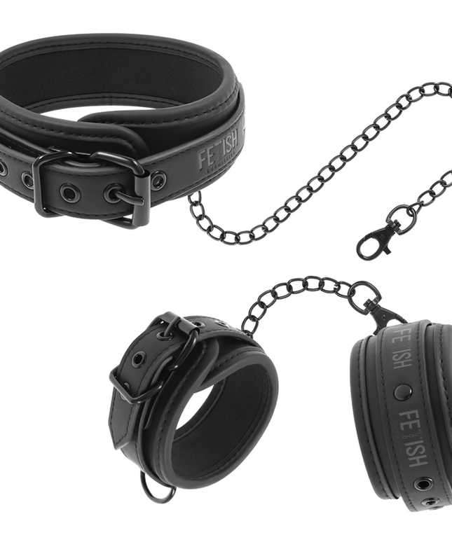 FETISH SUBMISSIVE - COLLANA E MANETTE IN PELLE VEGANA CON FODERA IN NOPRENE