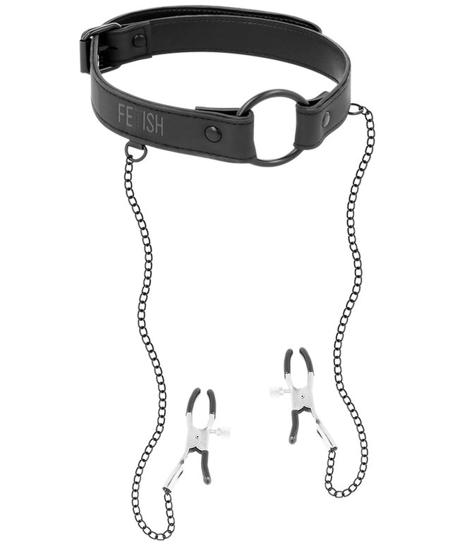 FETISH SUBMISSIVE - ANELLO GAG CON MORSETTI PER CAPEZZOLI